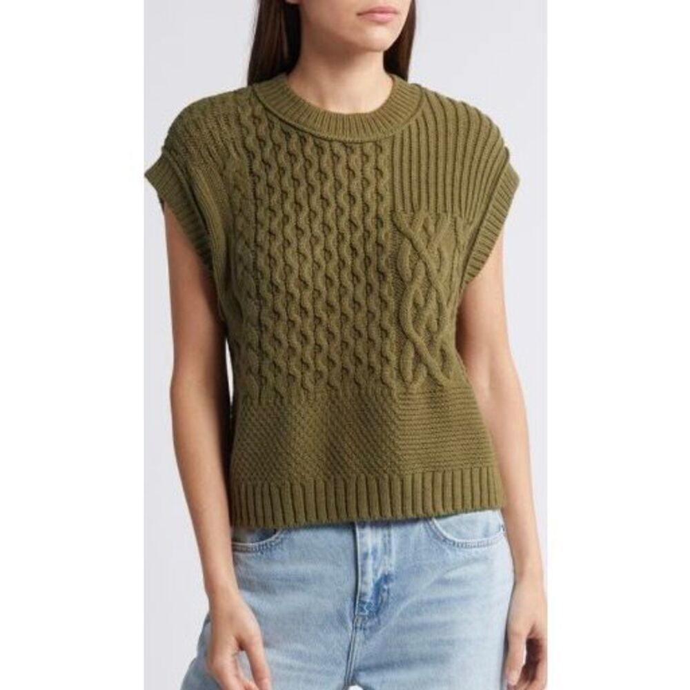 Madewell Patchwork Knit Sweater Vest size S Olive Green Cable‎